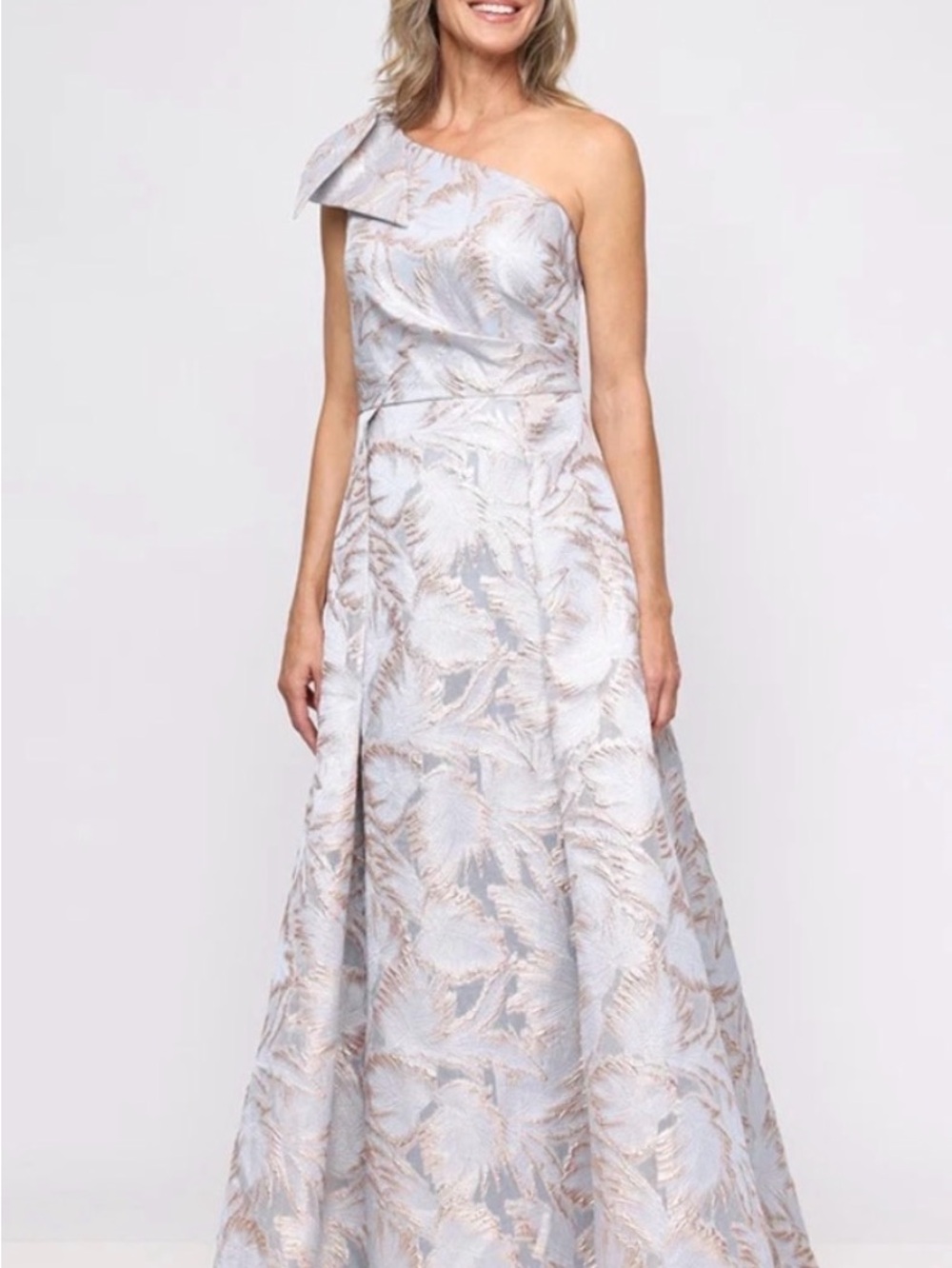 NWT Alex Evenings Ice Blue Metallic Jacquard One Shoulder Bow Gown - Size 8